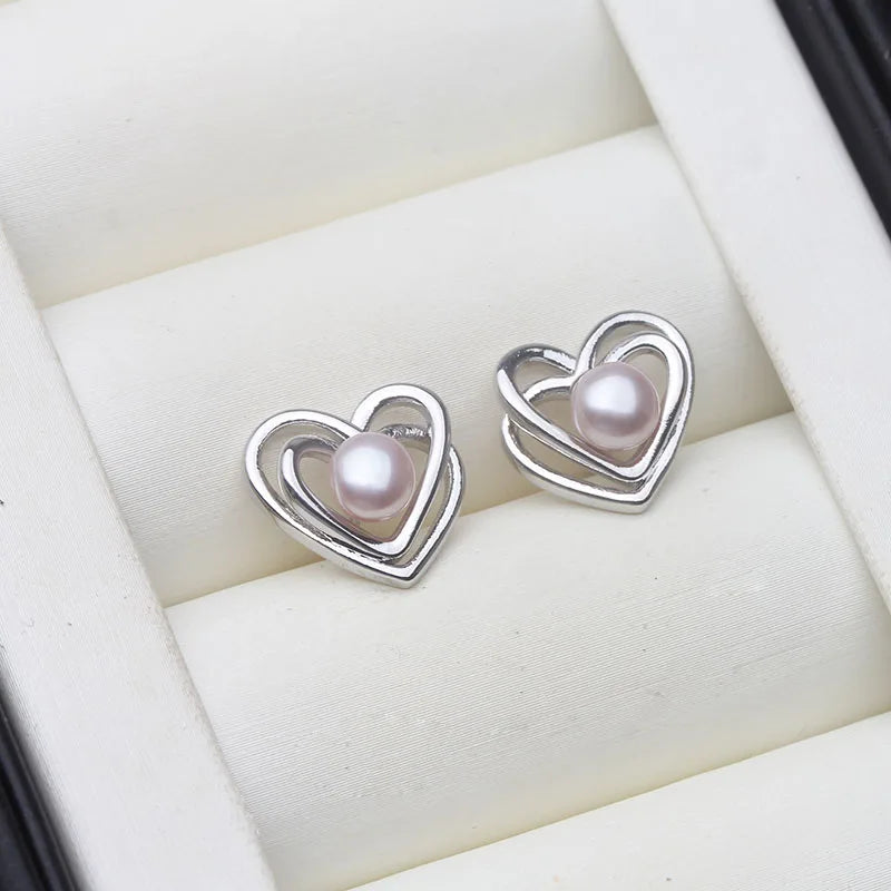 Genuine Silver 925 Pearl Heart Earrings,White Natural Fresh Water Mini Pearl Earrings Jewelry