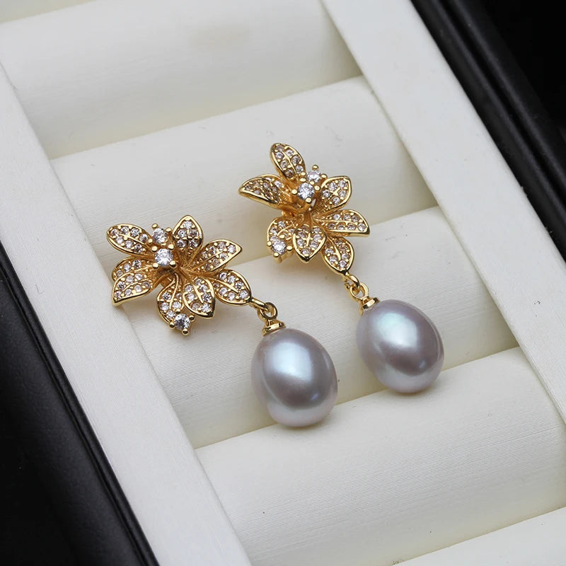 Genuine Natural Freshwater Pearl Earrings For Women,White Flower Pearl Drop Earrings