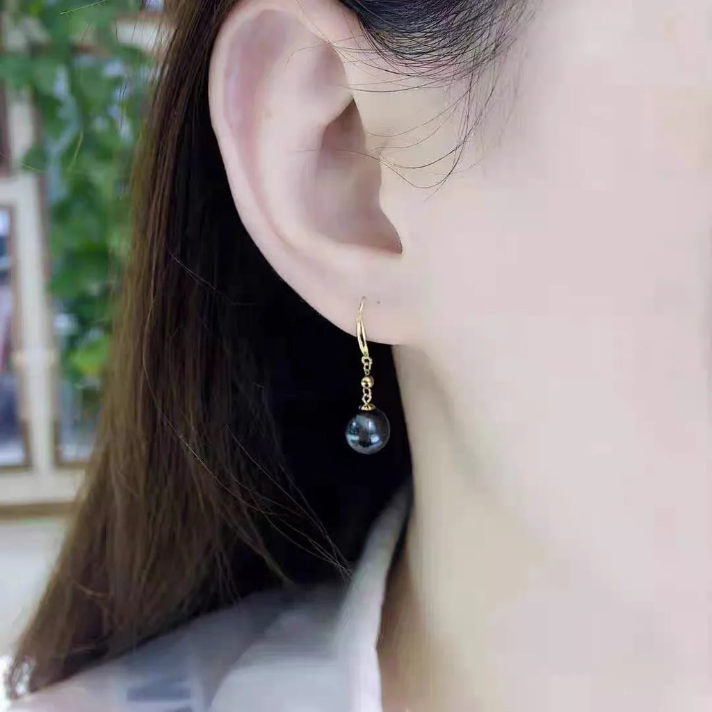 Real 18K Gold Tahitian Pearl Earrings For Women,Wedding Natural Sea Black Pearl Gold Earrings