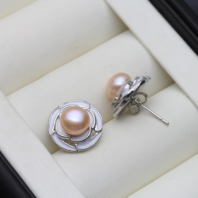Genuine Silver 925 Stud Earrings Pearl,Cute Fresh water Natural Pearl Earrings Jewelry Wife Girls Birthday Gift White Black