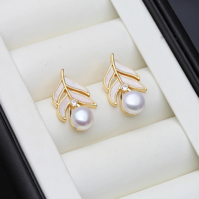 Geniune Natural Pearl Stud Earrings For Women,Vintage Gold Plated Freshwater Pearl Earrings