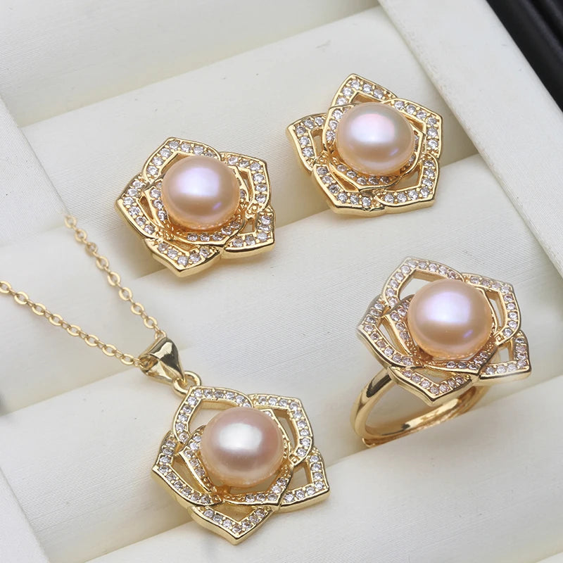 Real Natural Freshwater Pearl Necklace and Earring Set For Women,Gold Plated Pearl Jewelry Set