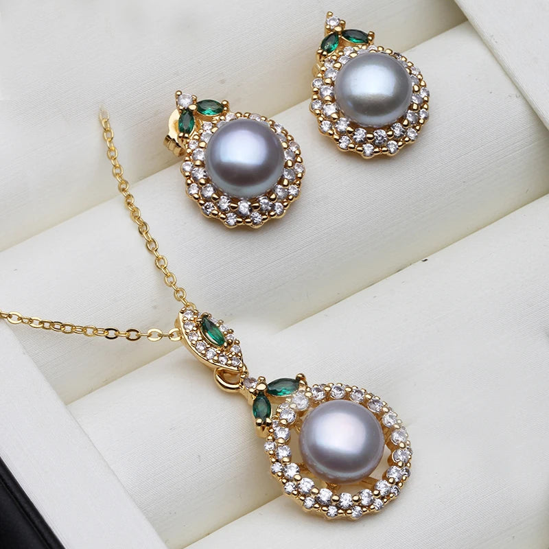 18K Gold Plated Jewelry Set With Pearl Earrings And Necklace