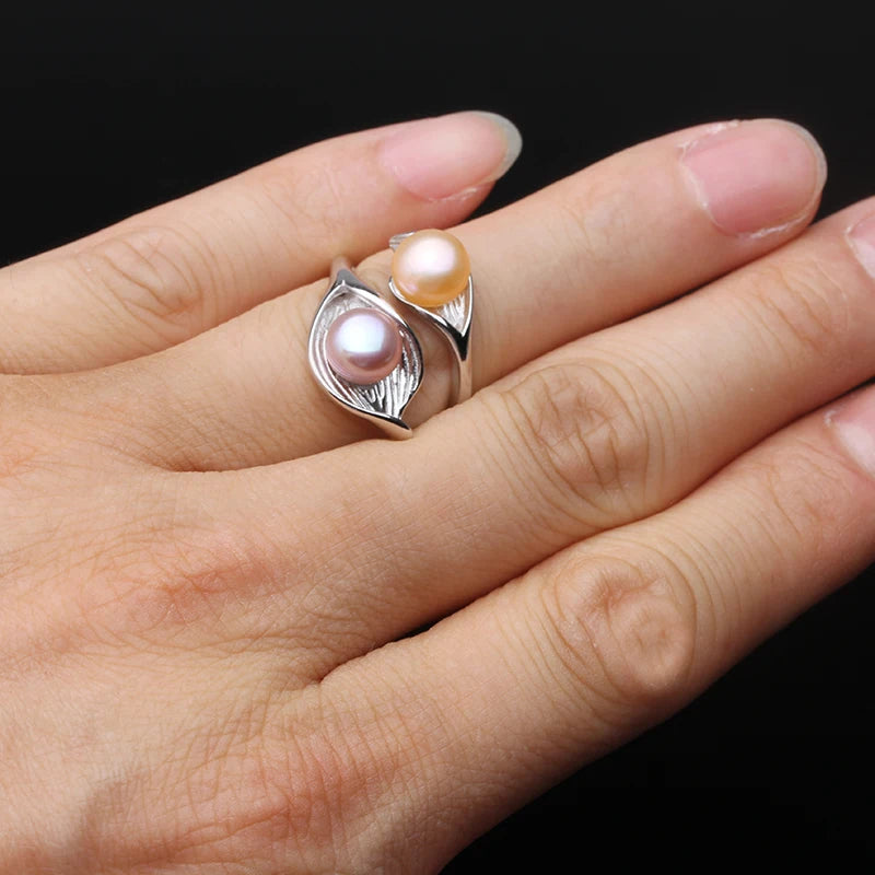 Real Natural Freshwater White Black Double Ring with Real Pearls,925 Silver Adjustable Pearl Rings