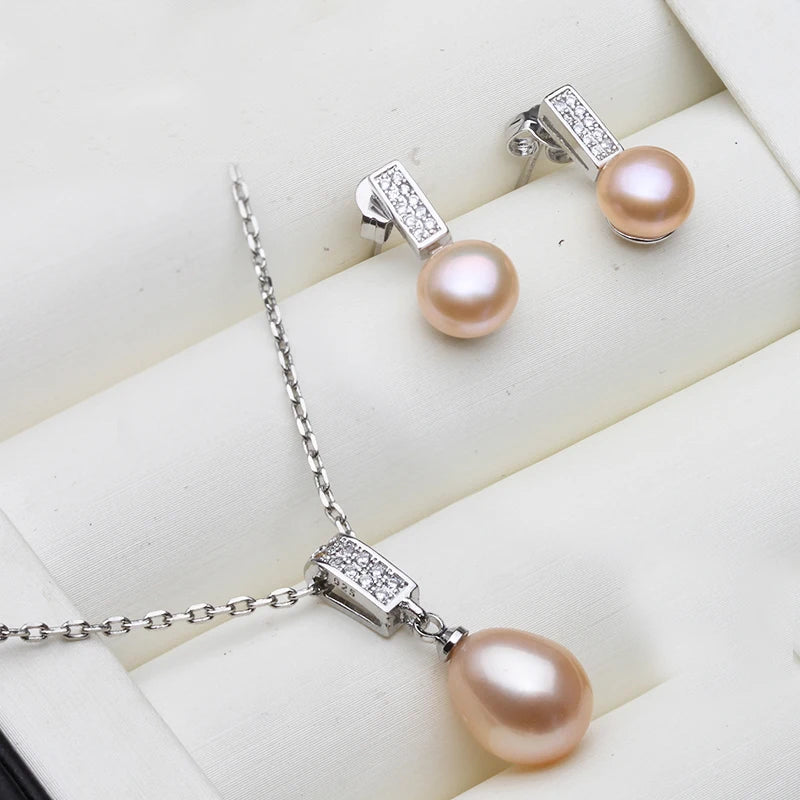 925 Silver Natural Freshwater Pearl Necklace and Earrings Jewelry Set