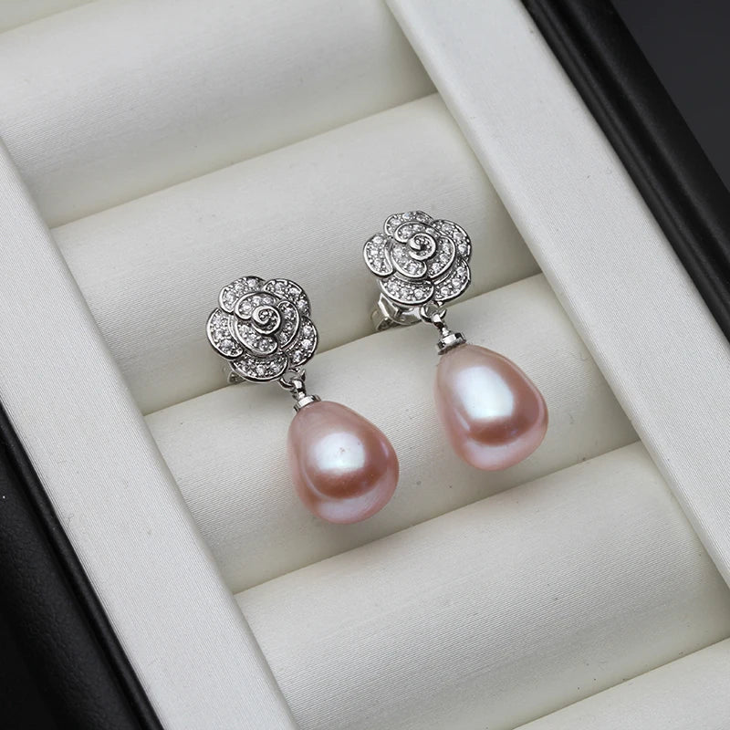 Vintage 925 Sterling Silver Flower Natural Freshwater Pearl Earrings