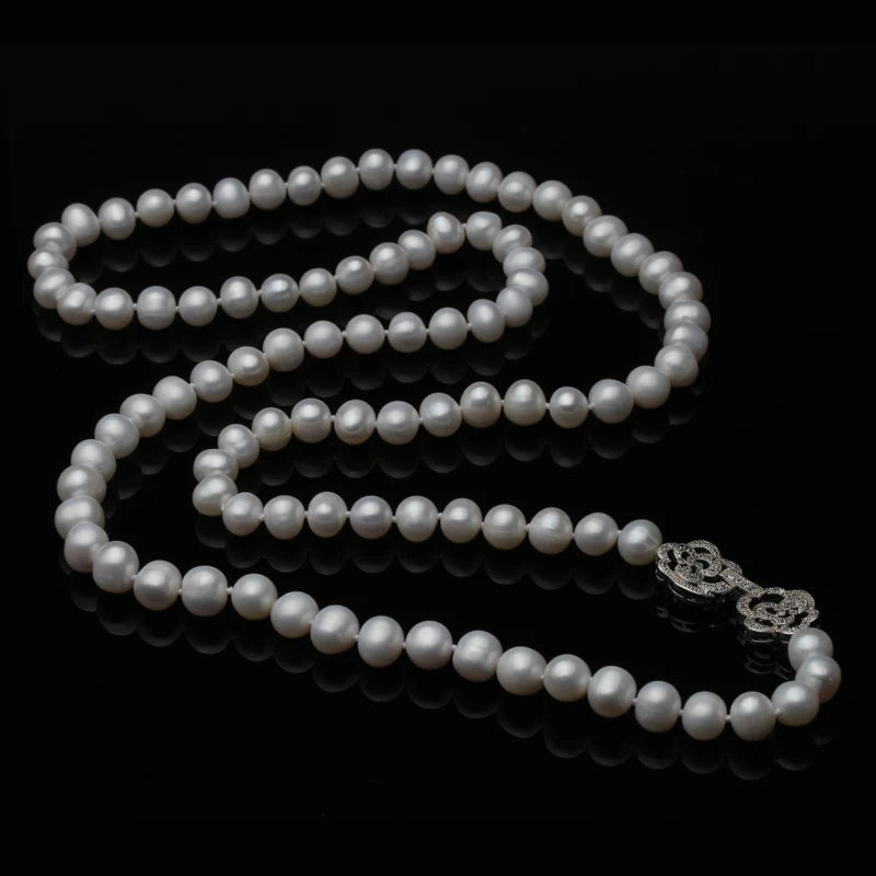 Trendy Natural Long Pearl Necklace for Women,Wedding White Freshwater Round Pearl Necklace