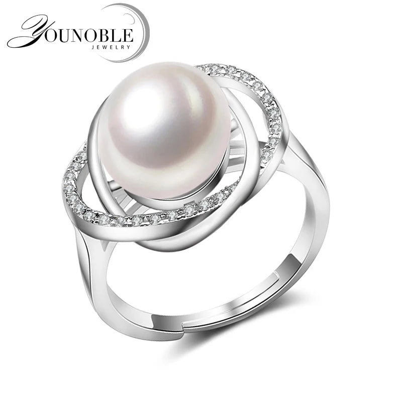 Real Freshwater Black Pearl Ring Woman,Cultured Natural Pearl Rings 925 Silver Adjustable