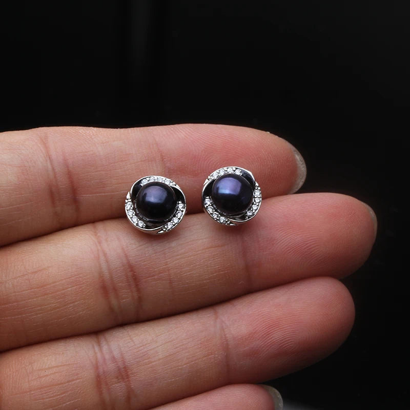 Natural Freshwater Black Pearl Earrings JewelrySilver 925 Stud Earrings with Pearls