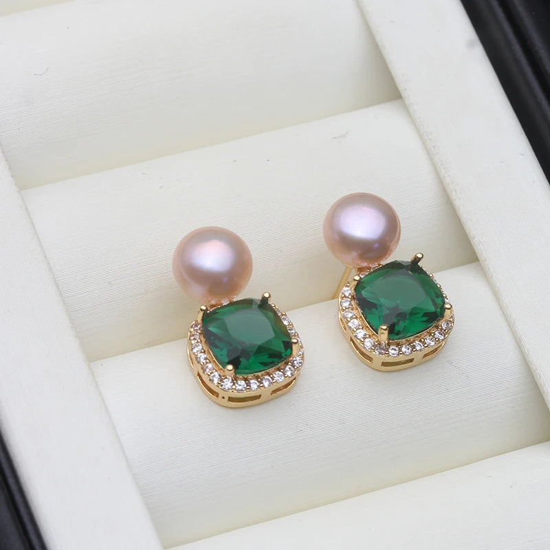 Freshwater Pearl EarringsCute Pearl Stud Earrings Green Stone