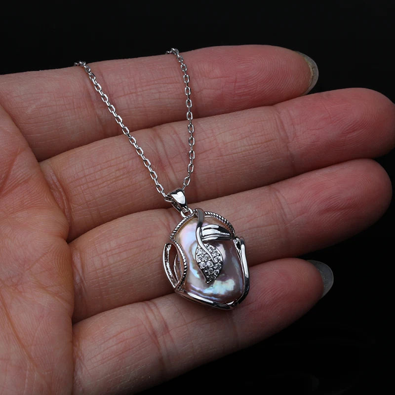 Real Original Baroque Natural Freshwater Pearl Necklace F,Large Sterling Silver Pendant
