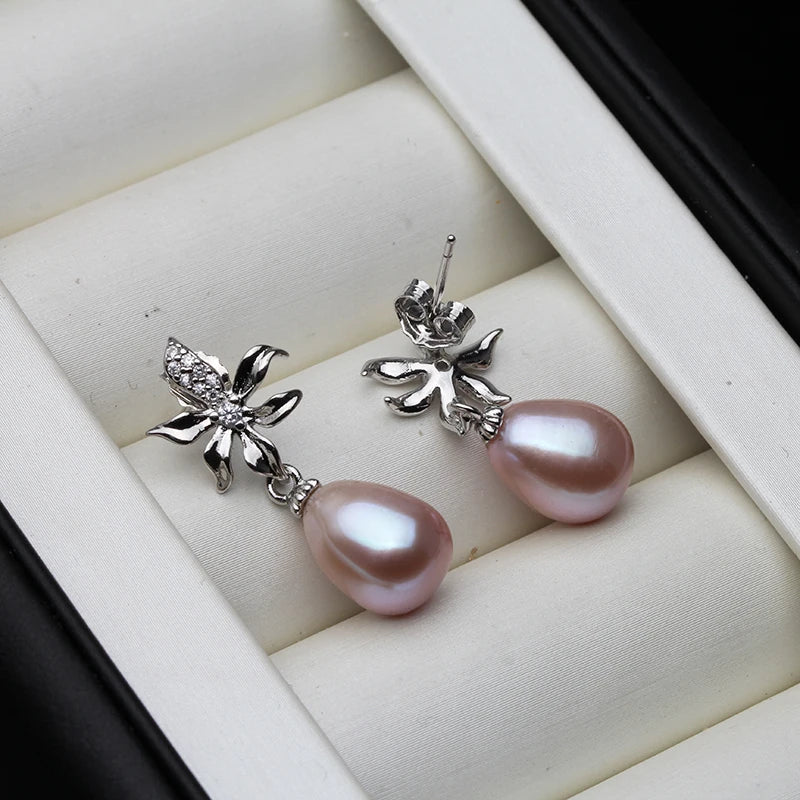 Black Natural Freshwater Dangle Pearl Earrings For Women,Trendy 925 Sterling Silver Earrings