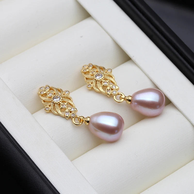 Real Natural Pearl Earrings,18k Gold Palted Dangling Freshwater Pearl Earrings