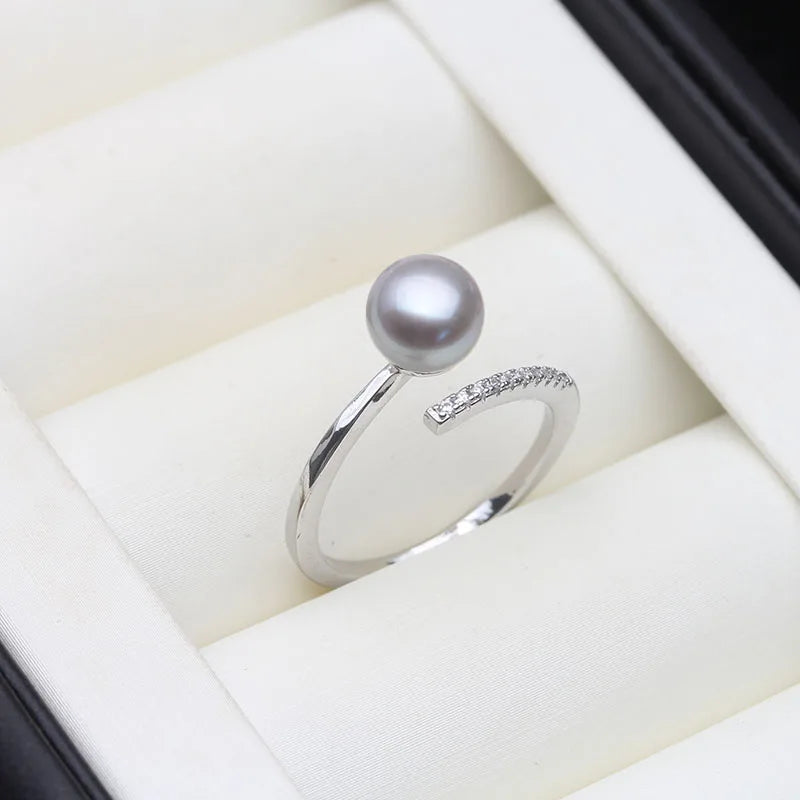 Real Freshwater Natural Black Pearl Rings,Vintage 925 Silver Adjustable Pearl Ring