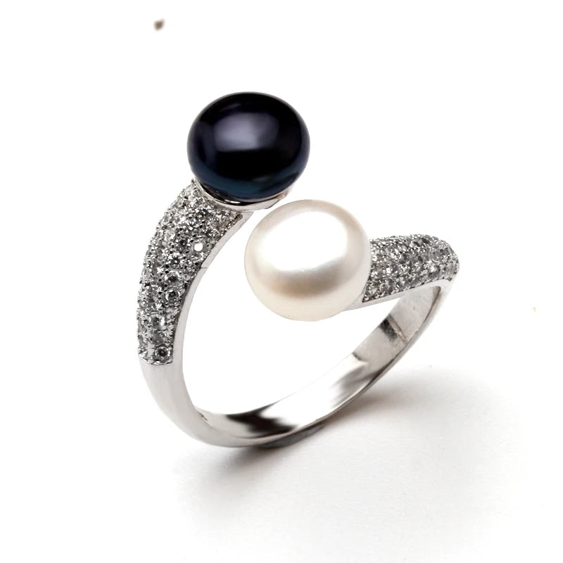 Real Natural Freshwater Black Double Pearl Ring,Exquisite 925 Sterling Silver Ring Fine Jewelry Adjustable