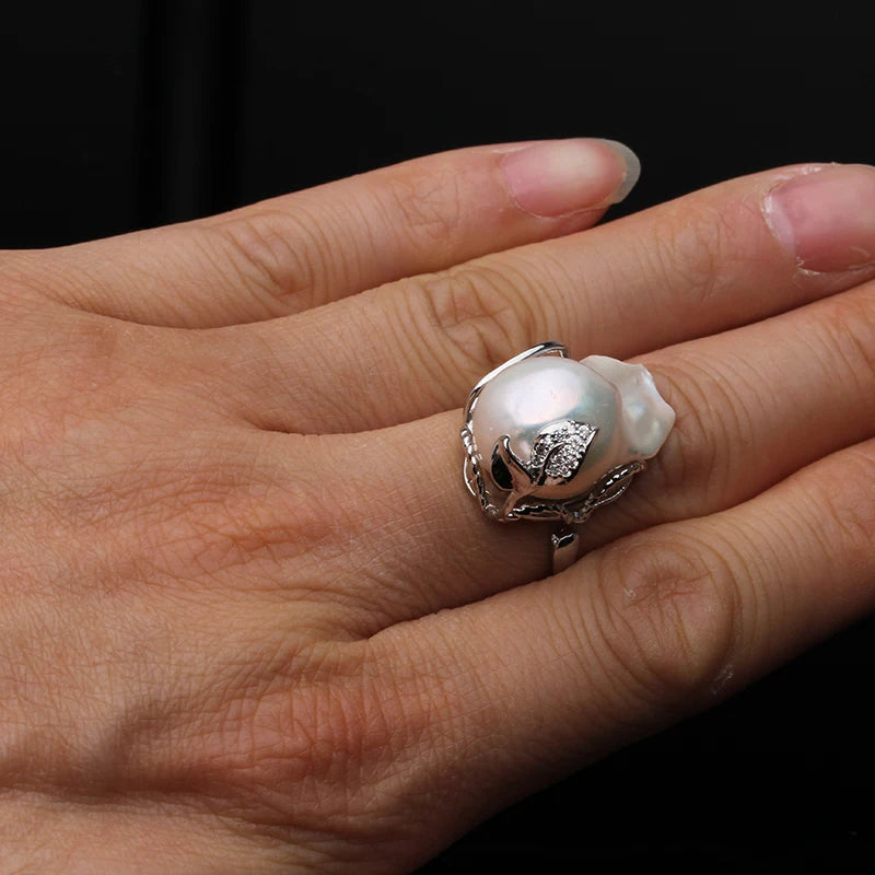 Real Freshwater Natural Baroque Large Pearl Ring Adjustable Pearl Ring