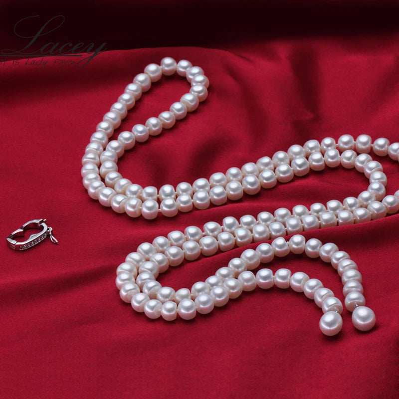 900mm Tassel Fashion Long Pearl Necklace,White Natural Freshwater Pearl Beads Necklace 925 Silver Fine
