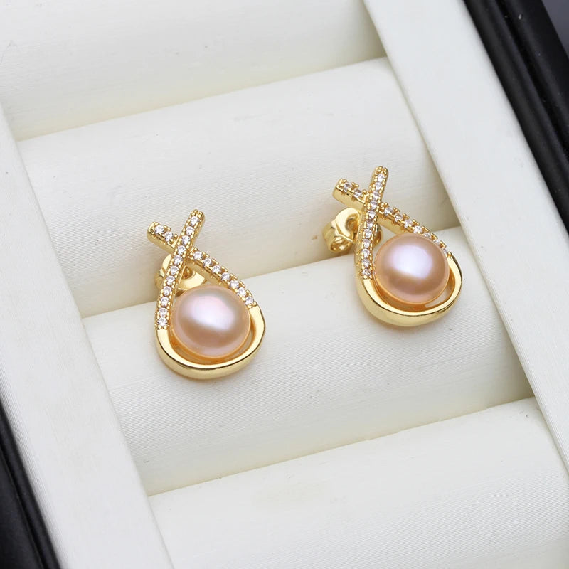 Genuine Bridal White Natural Pearl Earrings For Woman,Trendy Stud Earrings