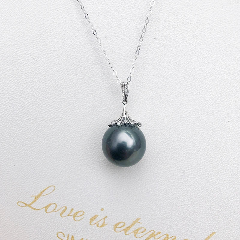 Real Natural Black Tahitian Pearl Pendant Women,925 Silver Large Pearl Pendant Jewelry