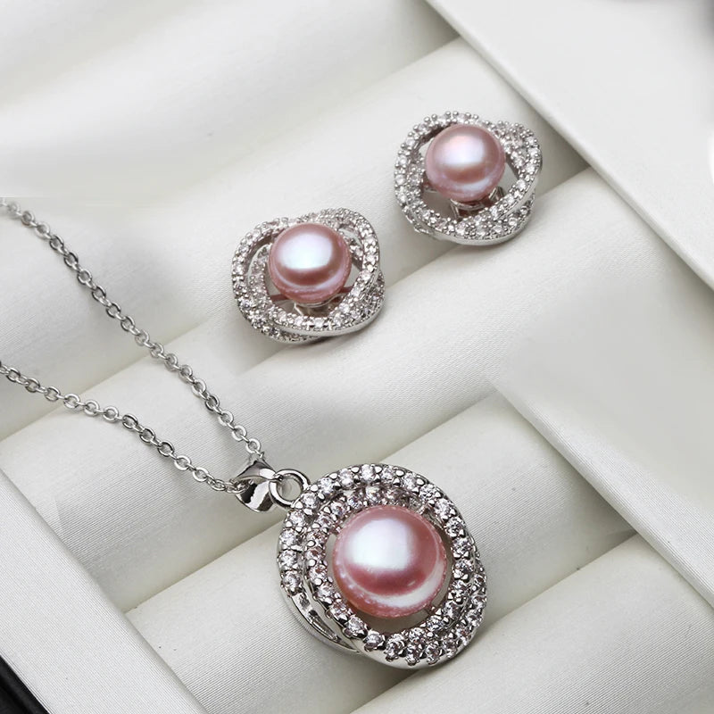 Real White Black Natural Pearl Necklace Earring Set  925 Sterling Silver Fine Jewelry