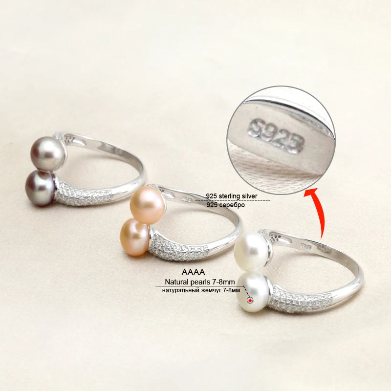Real Natural Freshwater Black Double Pearl Ring,Exquisite 925 Sterling Silver Ring Fine Jewelry Adjustable