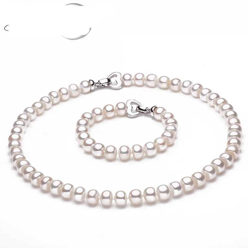 Natural Freshwater Pearl Necklace Bracelet Set,white 925 Silver Pearl Set