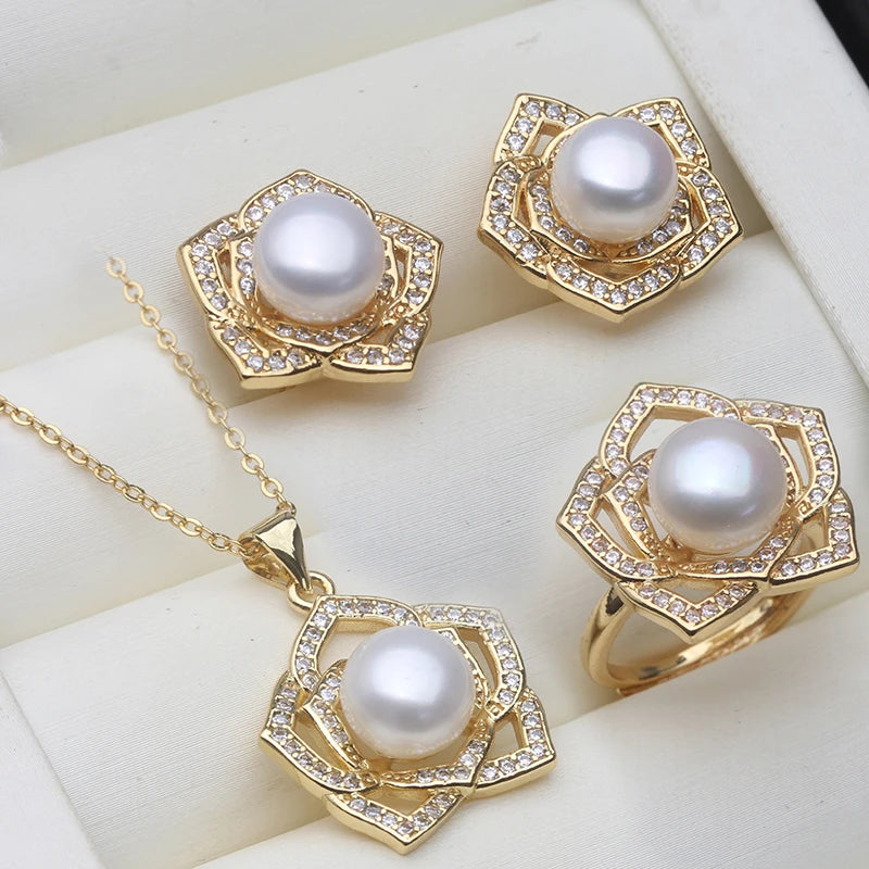 Real Natural Freshwater Pearl Necklace and Earring Set For Women,Gold Plated Pearl Jewelry Set