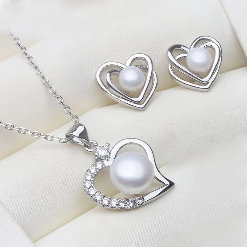 Real 925 Silver Natural Freshwater Pearl Stud Earring Set Woman,Cute Set With Pearl Earrings And Necklace Wife Mother Gift White