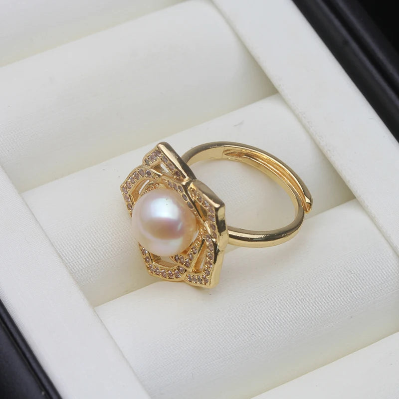 Real Freshwater Natural Pearl Rings Women,Gold Plated Cultured Pearl Rings Adjustable