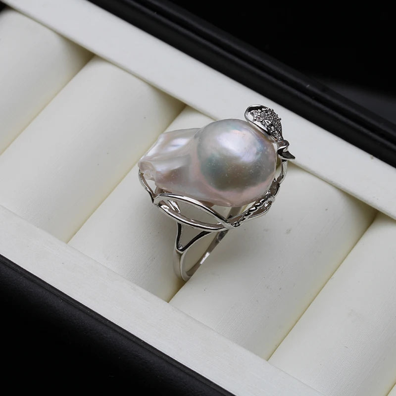 Real Freshwater Natural Baroque Large Pearl Ring Adjustable Pearl Ring