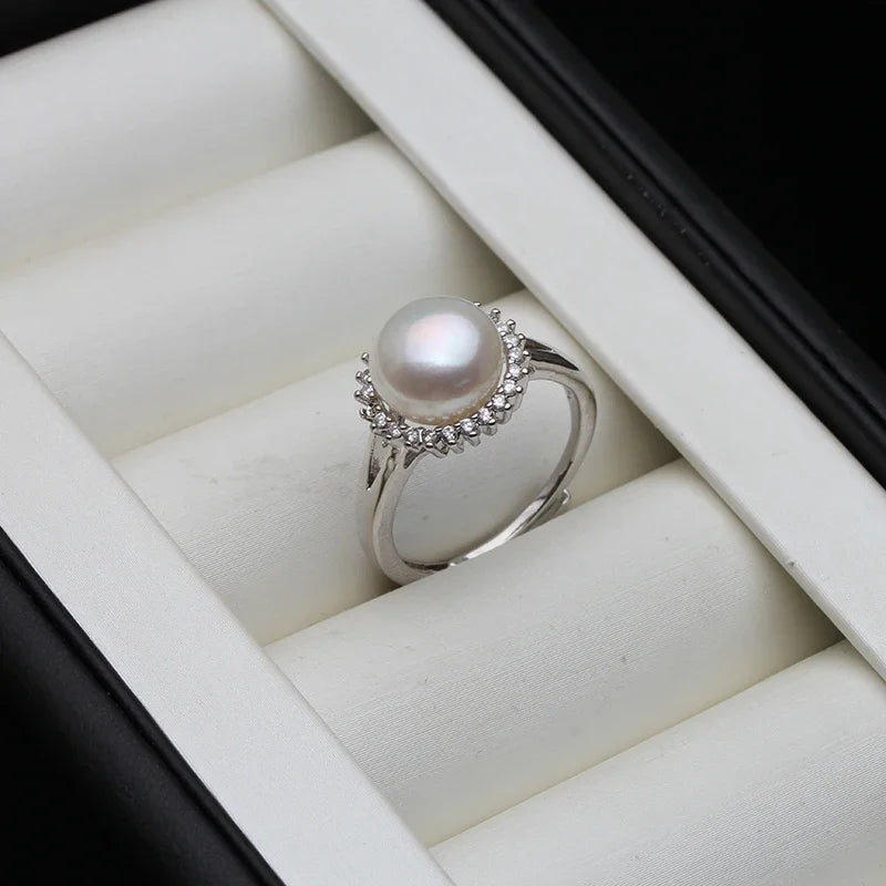 925 Sterling Silver Ring With PearlsResizable Real Natural Freshwater