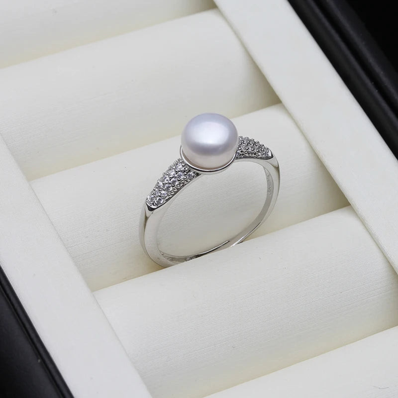 Real Natural Freshwater Pearl Rings,White Sterling Silver Pearl Ring Adjustable