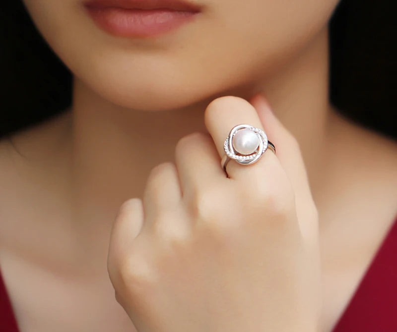 Real Freshwater Black Pearl Ring Woman,Cultured Natural Pearl Rings 925 Silver Adjustable