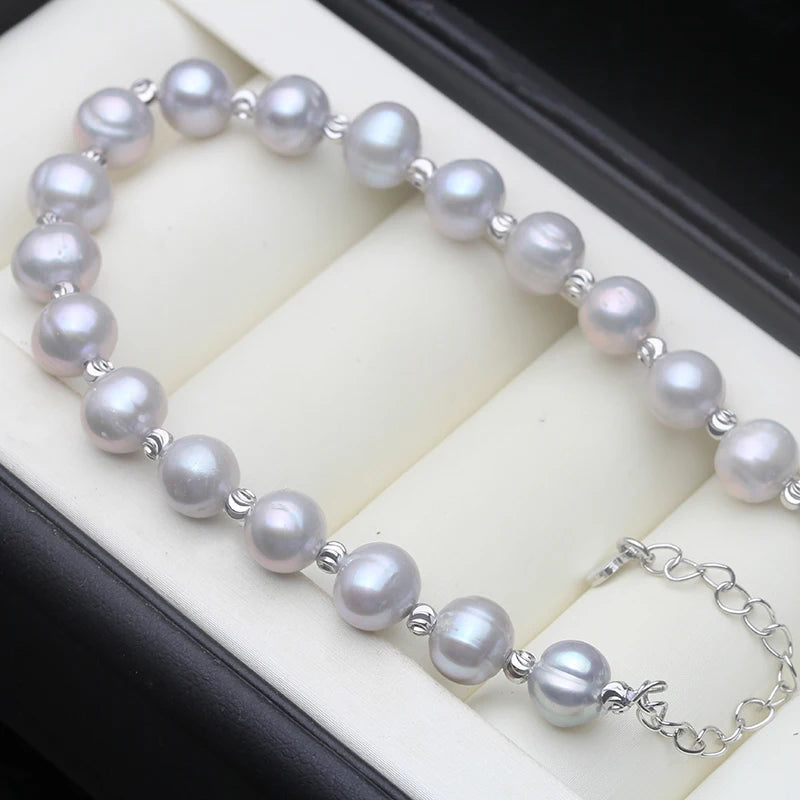 Real Grey Natural Freshwater Pearl Bracelets Ladies Woman,Cute Vintage Pearl Bracelet Child Wife Mother Birthday Gifts 18-21cm