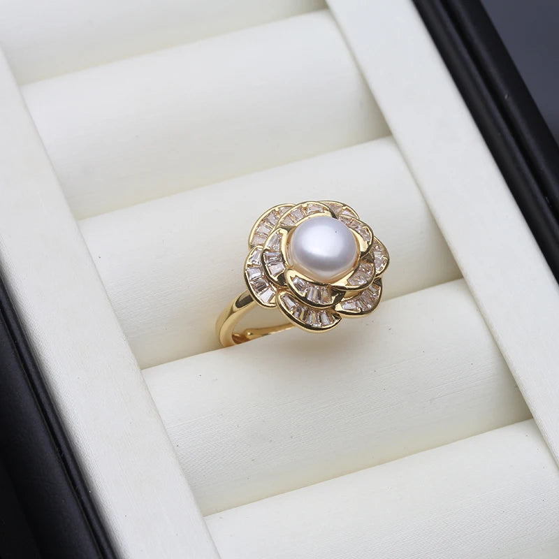 Natural Freshwater Ring with Real Pearls,White Adjustable Pearl Ring