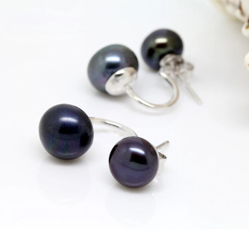 Real Natural Double Black Pearl Earrings 925 Sterling Silver Freshwater Stud Earrings With Pearls