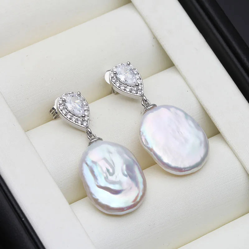 Real Beautiful Big Natural Baroque Pearl Earrings Women,925 Silver Freshwater Pearl Drop Earring