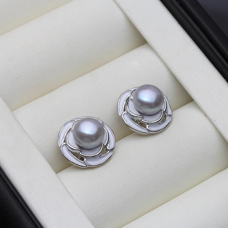 Genuine Silver 925 Stud Earrings Pearl,Cute Fresh water Natural Pearl Earrings Jewelry Wife Girls Birthday Gift White Black