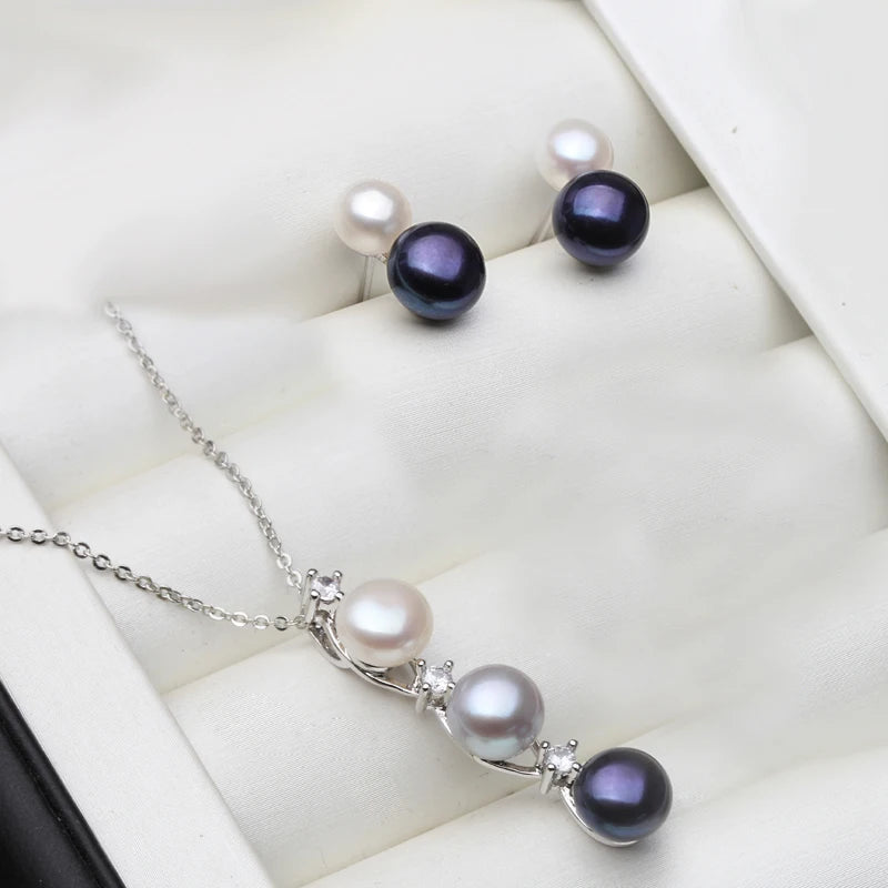 925 Silver Natural Freshwater Pearl Necklace And Earrings Set