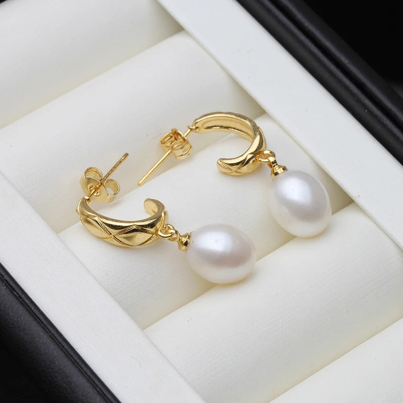Genuine White Freshwater Jewlery Pearl Earrings Woman,Trendy Gold Plated Earring with Natural Pearls