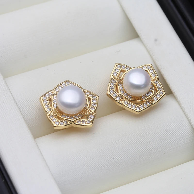 Real Cultured Freshwater Pearl Earring for Women,Wedding Cute Gold Plated