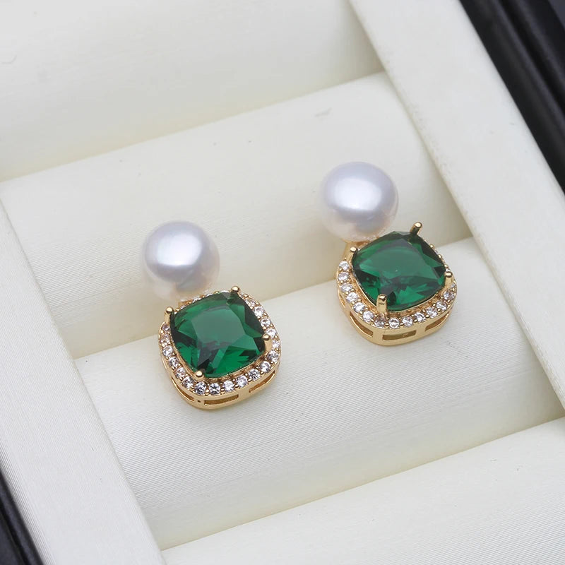 Freshwater Pearl EarringsCute Pearl Stud Earrings Green Stone