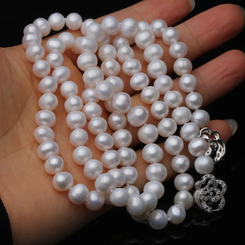 Trendy Natural Long Pearl Necklace for Women,Wedding White Freshwater Round Pearl Necklace