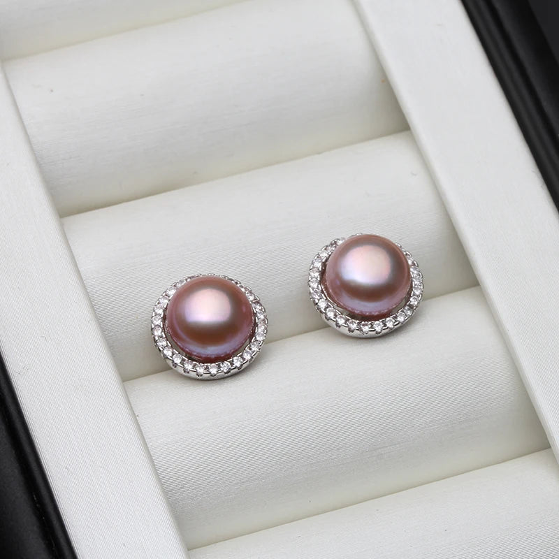 Natural Freshwater white Pearl Earrings 925 Silver  Round Pearl Earrings Fine Jewelry