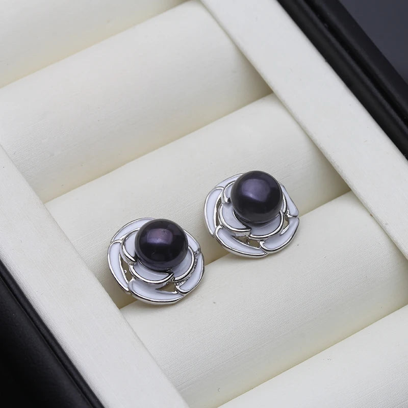 Genuine Silver 925 Stud Earrings Pearl,Cute Fresh water Natural Pearl Earrings Jewelry Wife Girls Birthday Gift White Black