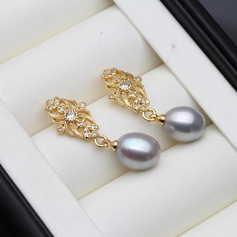 Real Natural Pearl Earrings,18k Gold Palted Dangling Freshwater Pearl Earrings