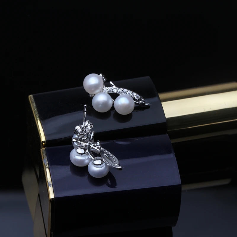 Real Silver 925 White Pearl Earrings, Natural Freshwater Stud Earrings