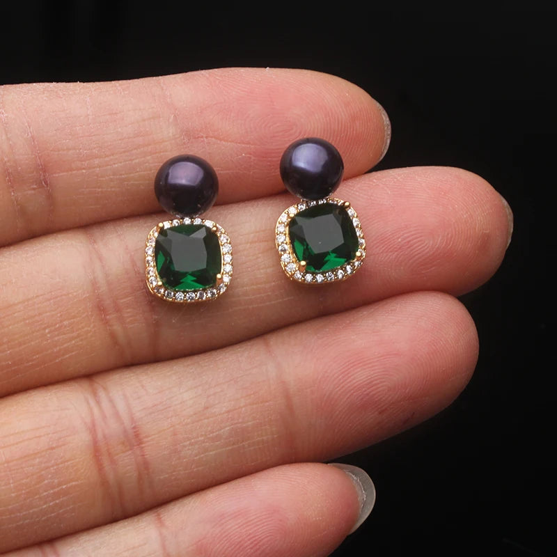 Freshwater Pearl EarringsCute Pearl Stud Earrings Green Stone