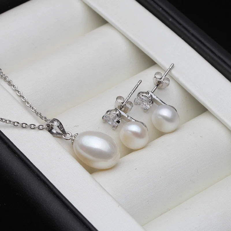 925 Silver Freshwater Pearl Necklace Earring Set Real Natural Pearl Set
