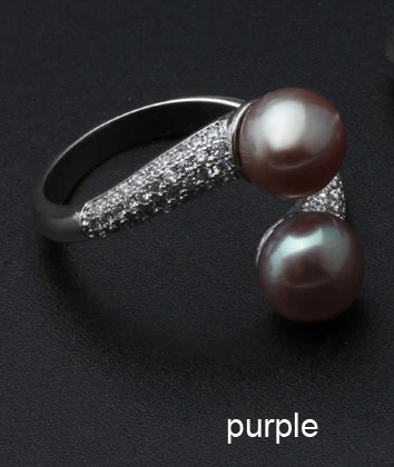 Real Natural Freshwater Black Double Pearl Ring,Exquisite 925 Sterling Silver Ring Fine Jewelry Adjustable